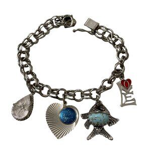 Vintage .925 Sterling Silver Double Ring Charm Bracelet Four Silver Charms 7.5"